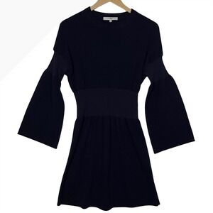 Tibi Womens Small Navy Blue Solid Merino Wool Bell Sleeve Knit Mini Dress Chic